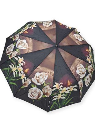 Женский зонтик полуавтомат с цветами на 10 карбоновых спиц