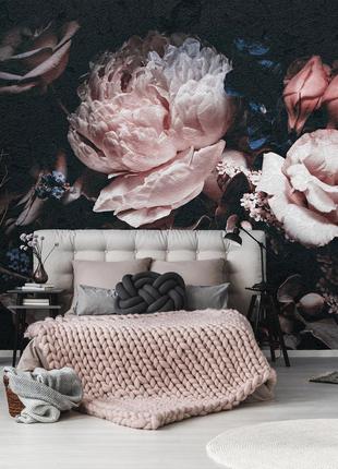 Фото обои 3D Розы Пионы 368x254 см Винтажные цветы на черном ф...