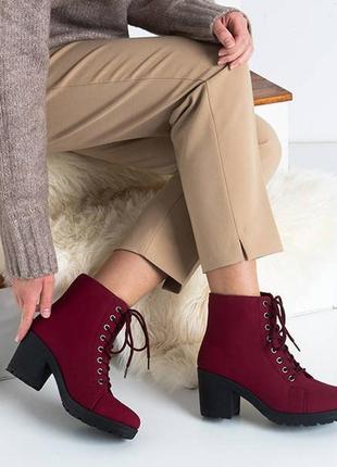 Бордові жіночі ботильйони на шнурівці черевики чобітки