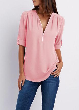 Комфортная розовая блуза на молнии с длинным (коротким) рукаво...