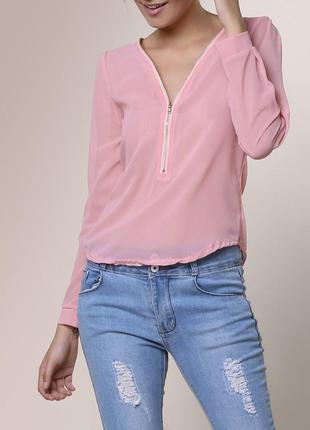 Нежная полупрозрачная розовая блуза на молнии /s/рубашка с дли...