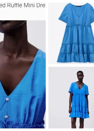 Zara стильное ярусное ярко-голубое платье вискоза s