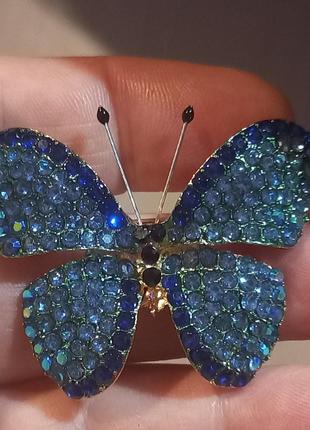 Брошь брошка 2 в 1 кулон бабочка метелик голубая камни золотис...