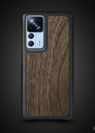 Кожаная накладка Stenk WoodBacker для Xiaomi 12T / 12T Pro Чёрная