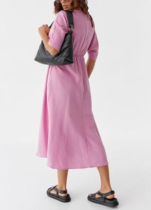 Розовое платье миди с поясом, нежное платье женская