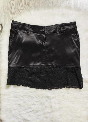 Черная атласная шелковая мини юбка короткая с гипюром ажурная ...