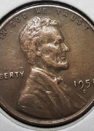 Монета США 1 цент, 1951 года, Отметка монетного двора: "D" - Д...