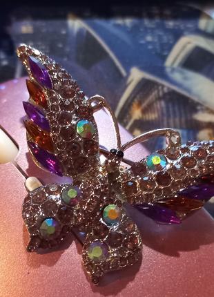 Брошь брошка крупная бабочка метелик фиолетовая камни серебрис...