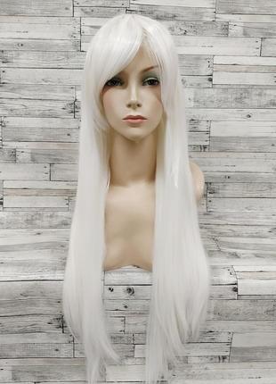 3547 парик рівний білий довгий прямий з челкою жіночий 80 см