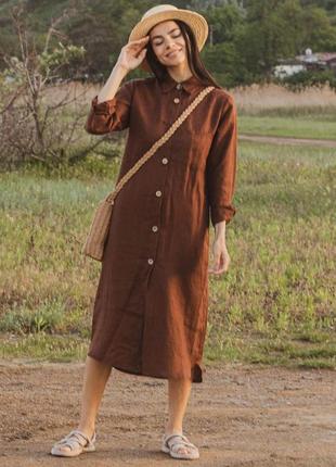 Шоколадное платье рубашка из натурального льна
