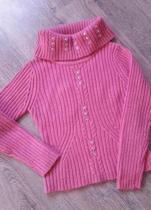 Шерстяной толстый розовый свитер, с широкой горловиной, с камнями