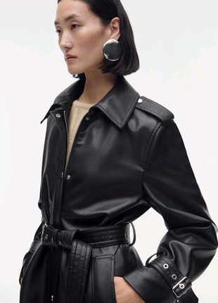 Женский черный кожаный тренч плащ пальто Zara оригинал