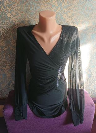 Красивая чёрная блуза с рукавами сеточка р.42/44 блузка блузочка