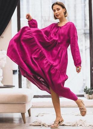 Розовое платье оверсайз в стиле бохо из натурального льна