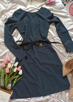 Платье с длинными рукавами на весну/осень с поясом синее/голубое