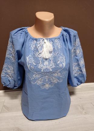 Дизайнерская голубая женская вышиванка "Радость" с вышивкой и ...