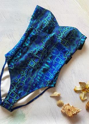 Сдельный синий купальник с верхом бандо и резинками на спине asos