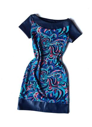 Темно-синее платье со вставками эко-кожи