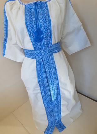 Платье женское Натуральный Лен Вышиванка с поясом голубая 50 52