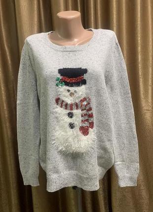 Новогодний свитшот свитер M&S с снеговиком, пайетками размер 2xl