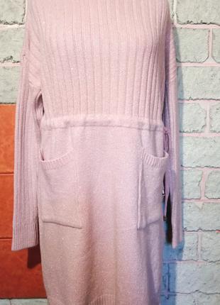 Женский теплый свитер туника с люрексом кашемир лапша пудра