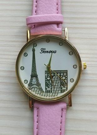 Часы наручные женские стильные Париж, розовый ремешок.