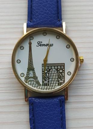Часы наручные женские стильные Париж, синий ремешок.
