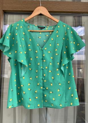 Блузка peacocks рубашка зеленая в лимоны воланы рюши этно бохо...