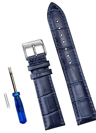 Ремешок кожаный для часов 20 мм темно-синий, пряжка - серебристая