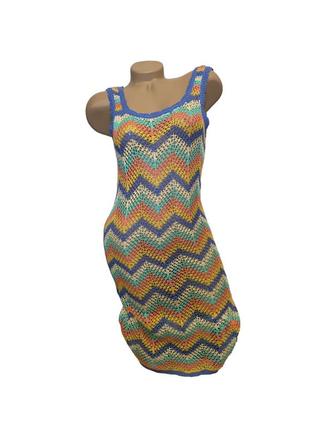 Платье вязаное крючком полупрозрачное разноцветное тренд 2023