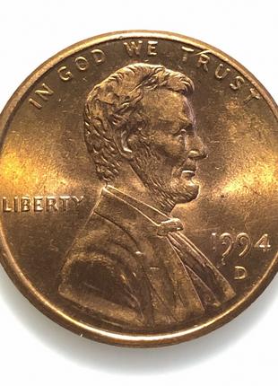 #693 США 1 цент 1994 Лінкольн Цент (Мітка монетного двору: D - Де
