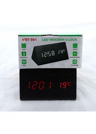 Деревянные Настольные часы VST-861 светодиодные (Красная подсв...