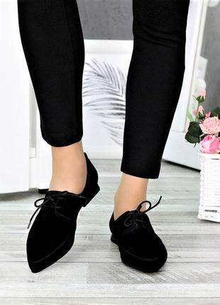 Туфли на шнурках женские замша острый носок черные стильные