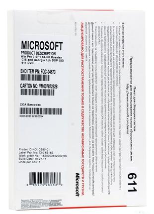 Microsoft Windows 7 Pro SP1 64-bit, Rus, OEM (FQC-04673) пошко...