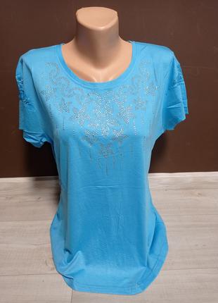Женская футболка туника Дача Стразы 44-50 размеры синяя мята п...