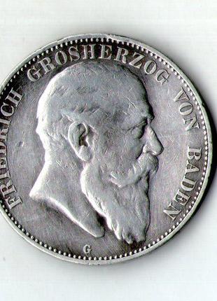Германская империя › БАДЕН › 5 марок 1904 год серебро 27 грам....