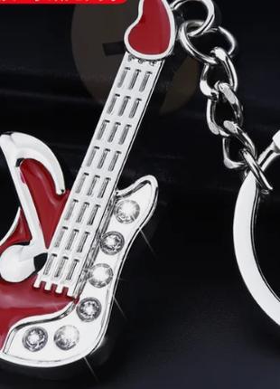 Брелок на ключи металл гитара серебристый металл и красная эма...