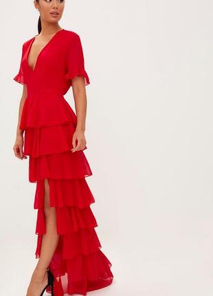 Красное длинное макси шифоновое платье с рюшами, разрез, v-выр...