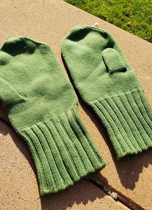 Мужские шерстяные вязаные рукавицы варежки зеленые новые