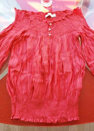Zara sm 44 46 р коралловая летняя легкая блуза спущенные плечи...