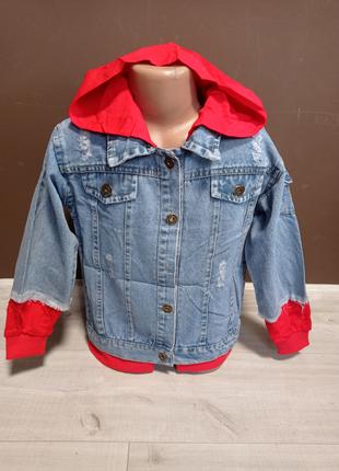 Детская джинсовая куртка-кофта "Собачка" для девочки с капюшон...