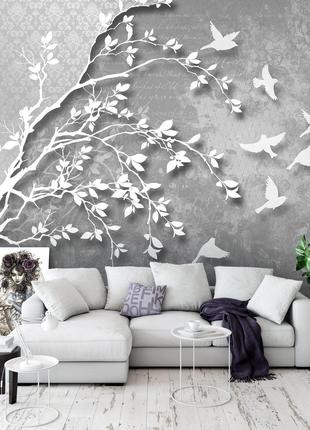 Флізелінові фото шпалери 3Д 416x254 см Біле дерево та птахи на...