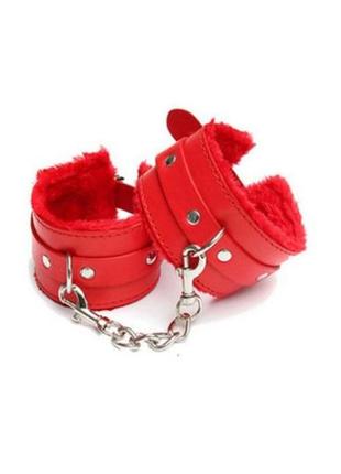 Красные наручники из экокожи, браслеты наручники, наручники мех
