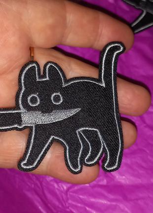 На одежду нашивка апликация клеевая кот кошка черный с ножом т...