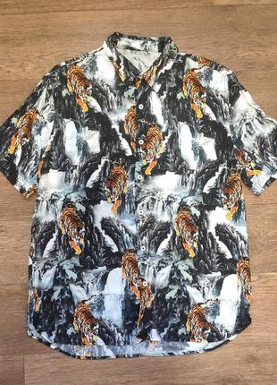 Гавайская рубашка с тиграми яркая базовая пляжная сорочка поло...
