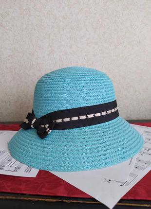 Летняя шляпа с полями  голубая пляжная шляпка  капелюх с бантом