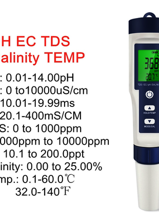 Тестер качества воды EZ9909 5 In 1 PH/TDS/EC/Salinity/Temperature