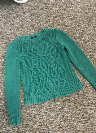 Базовый яркий зеленый свитер с косами с красивым плетением s m