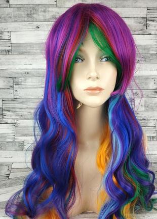 3513 парик разноцветный фиолетовый с синим длинный 70см волнистый