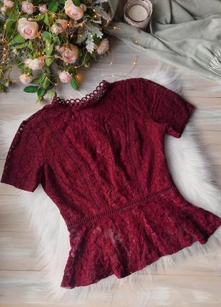 Бордовая кружевная блуза топ new look